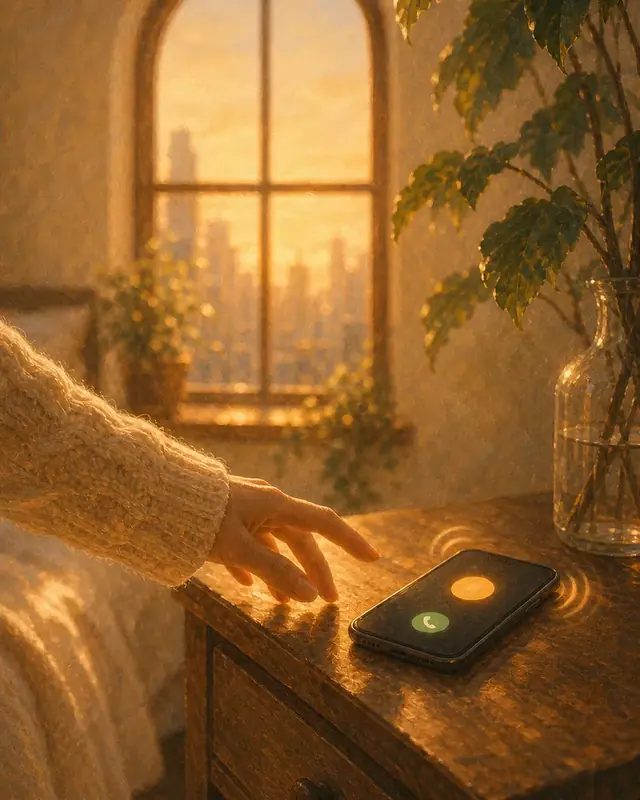 A hand reaches for a phone ringing on a wooden nightstand, warm morning light coming through the window behind it.