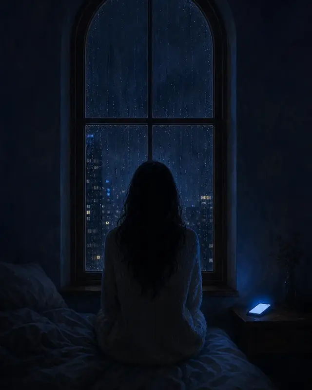 Night. Someone sits on the edge of a bed, facing a tall arched window over a sleeping city, a phone glowing on the nightstand.