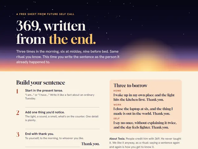 Preview of The 369 Script: the headline "369, written from the end" over a night sky that turns to dawn, above a three-step sentence builder.
