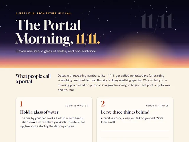 Preview of The Portal Morning page: the title "The Portal Morning, 11/11" in large serif type over a starry sky with a sunrise glow.