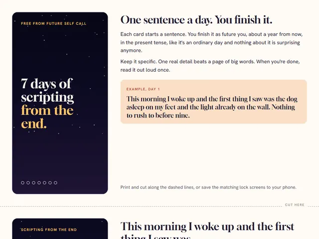 Preview of the 7 Days of Scripting cards: a dark night-sky card titled "7 days of scripting from the end" next to the first sentence starter.