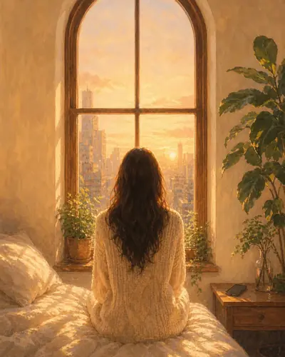 Dawn. Someone sits on a sunlit bed facing a tall arched window, a city skyline glowing outside and plants on the sill.