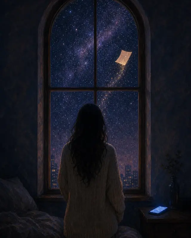 Night. Someone with long hair sits facing a tall arched window full of stars, a phone glowing on the nightstand beside the bed.