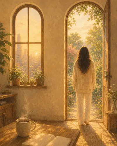 Morning light through an open arched doorway onto a garden; a steaming mug and an open notebook sit on a small wooden table.
