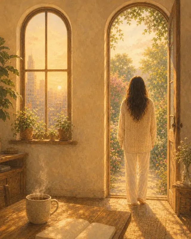 Morning light through an open arched doorway onto a garden; a steaming mug and an open notebook sit on a small wooden table.