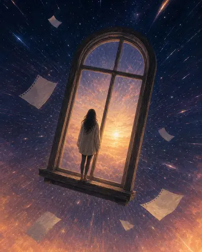 An arched window floating through a starry sky toward a sunrise, a person standing inside it while loose pages drift past.