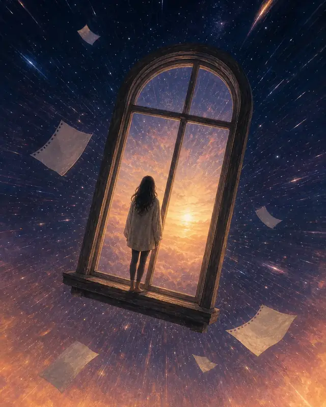 An arched window floating through a starry sky toward a sunrise, a person standing inside it while loose pages drift past.