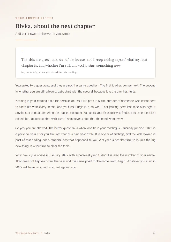 Sample page titled Your answer letter: the question in the sample, about a next chapter, and the first part of the letter that answers it.